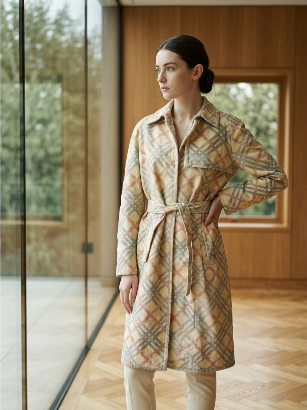Burberry Cream Multi Plaid Belted Trench Coat